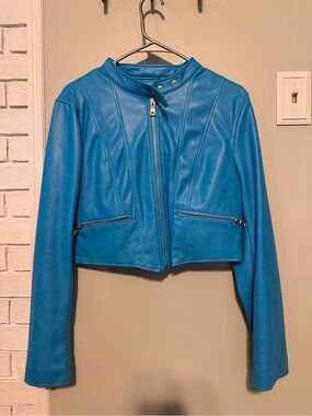 7 For All Mankind Bright Blue Faux Leather Moto Jacket